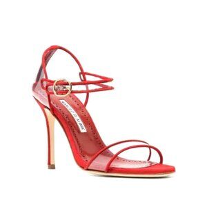 Manolo Blahnik Fersen Ankle Strap Sandal Open Toe Daim Heels Red Suede US 7.5